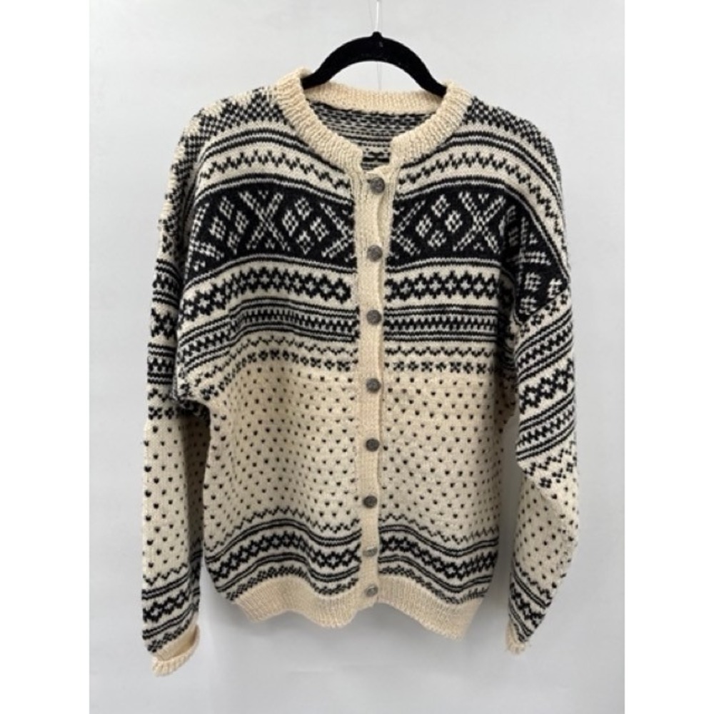 Vintage Unisex Cream Black Nordic Fair Isle Cardigan Sweater LARGE Cottage Folk - Picture 2 of 9